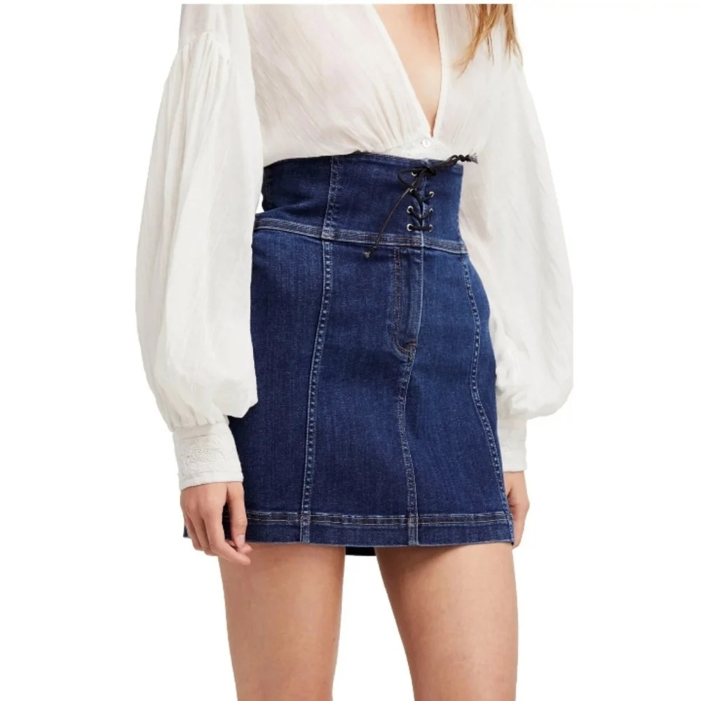 Free People Modern Femme Corset Waist Denim Skirt Dark Wash Size 2
